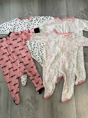 Gerber Pink, White & Black Baby Footie Sleepers Set - Bunny & Polka Dot Prints